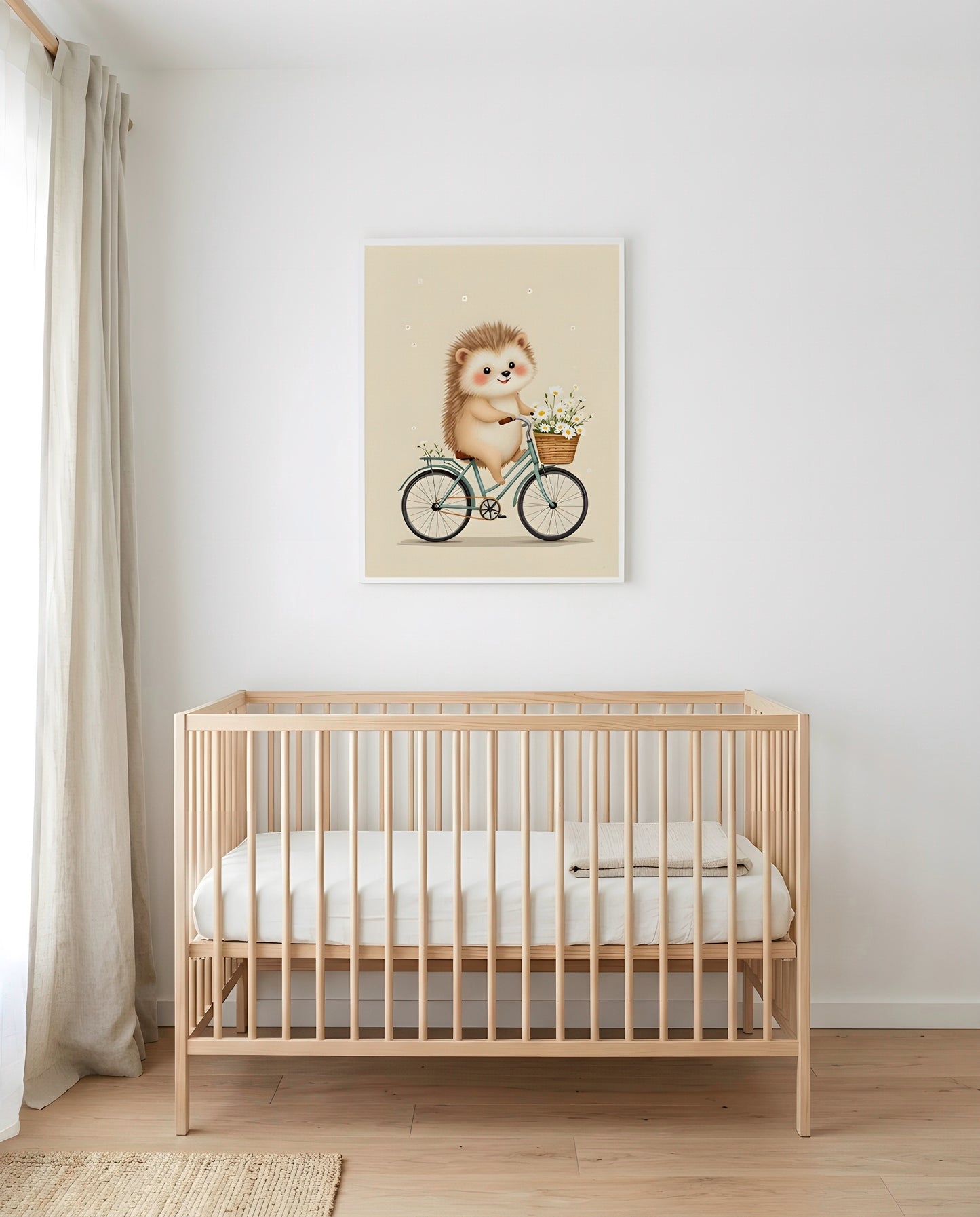 Nursery Retro Flat Hedgehog Bicycle Printable Wall Art — framed in white above a crib in a softly lit nursery