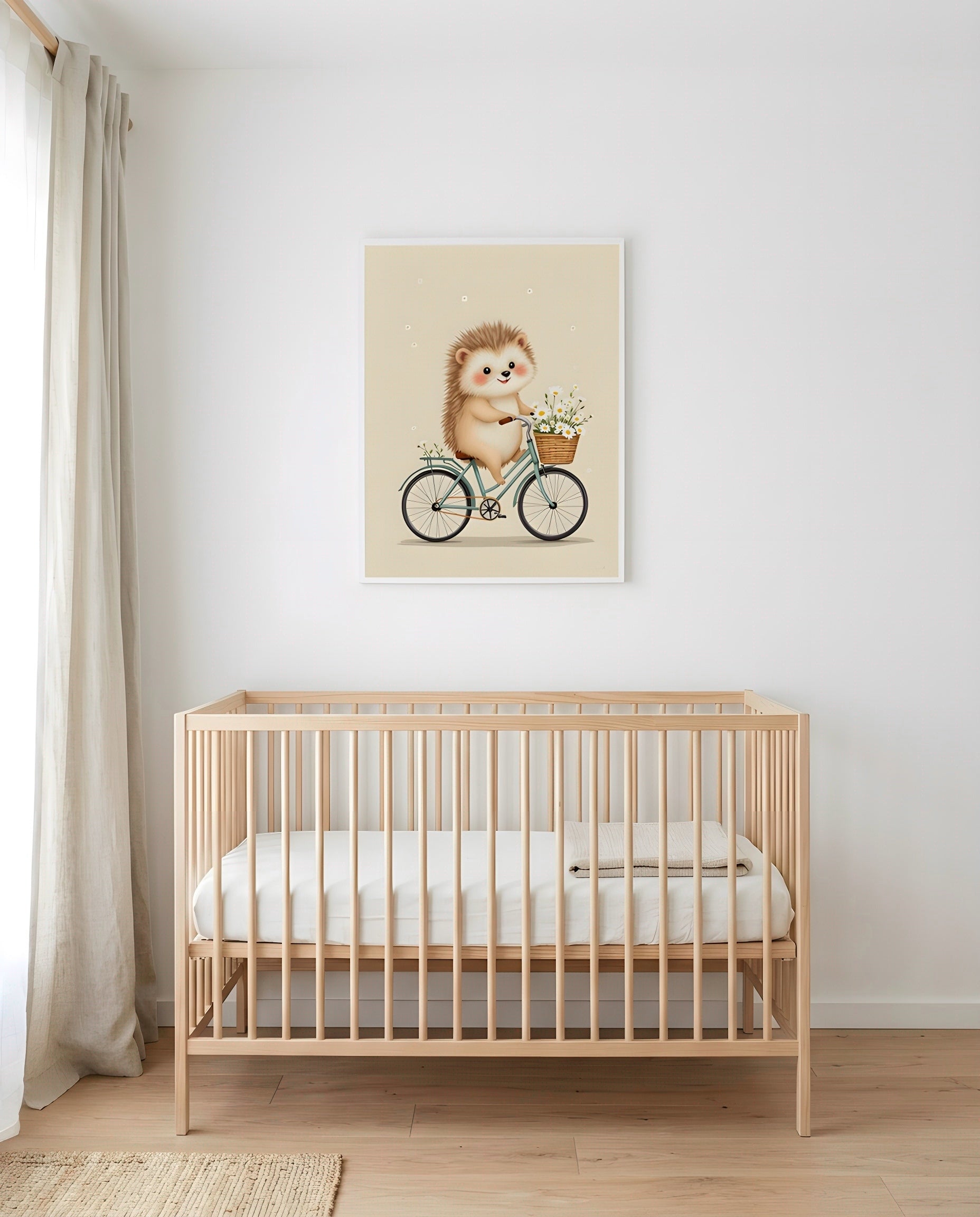 Nursery Retro Flat Hedgehog Bicycle Printable Wall Art — framed in white above a crib in a softly lit nursery