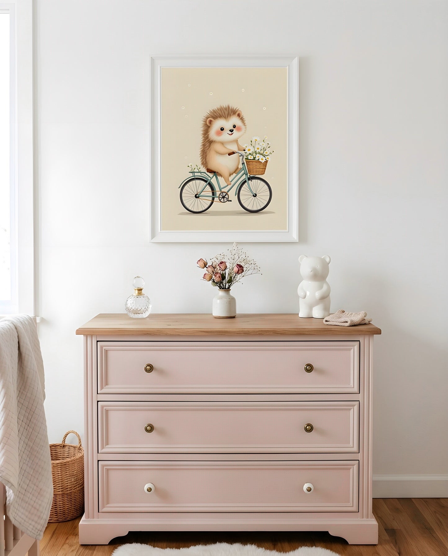 Nursery Retro Flat Hedgehog Bicycle Printable Wall Art — hung above a nursery dresser on a warm-toned wall