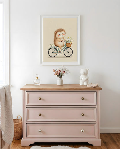 Nursery Retro Flat Hedgehog Bicycle Printable Wall Art — hung above a nursery dresser on a warm-toned wall