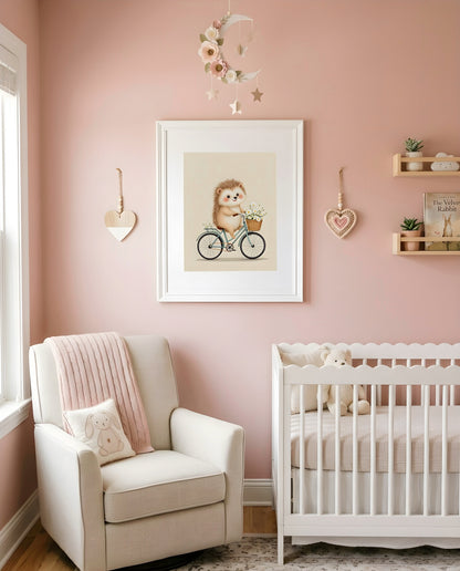 Nursery Retro Flat Hedgehog Bicycle Printable Wall Art — as part of a gallery wall arrangement