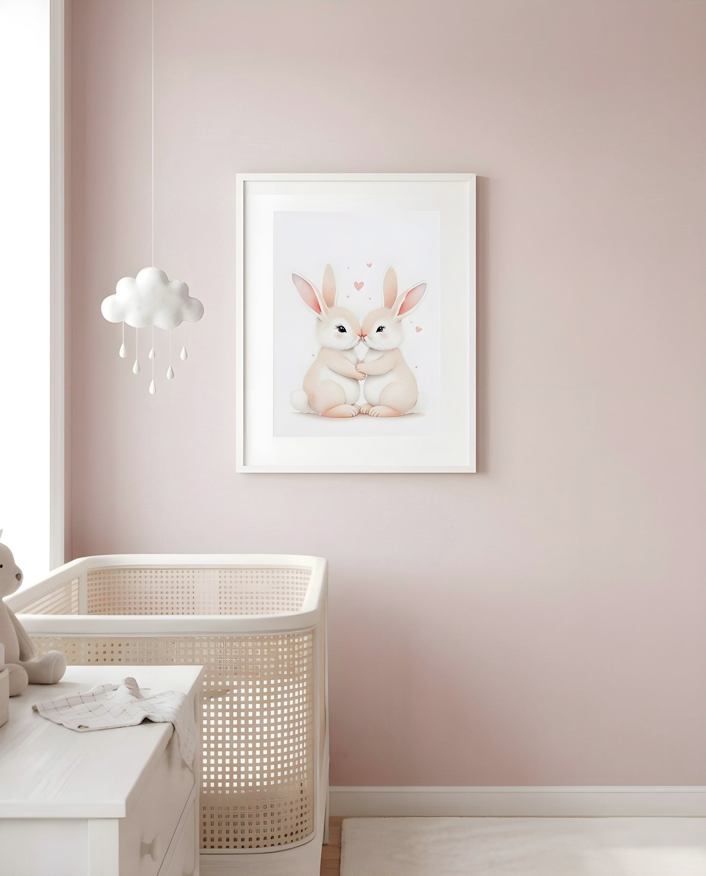 Nursery Sibling Bunnies Soft Watercolour Minimal Printable Wall Art — framed in white on a neutral nursery wall