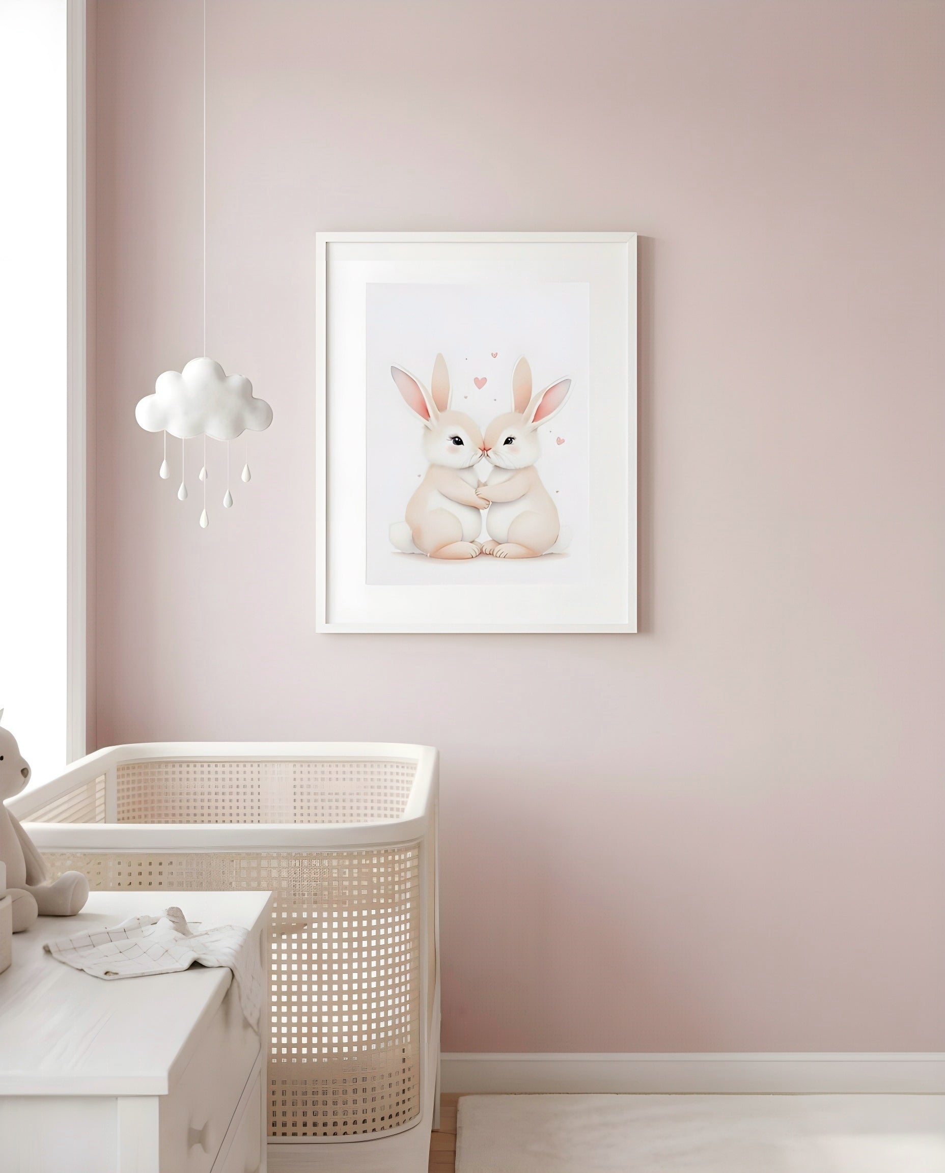 Nursery Sibling Bunnies Soft Watercolour Minimal Printable Wall Art — framed in white on a neutral nursery wall