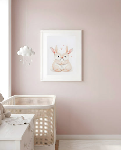 Nursery Sibling Bunnies Soft Watercolour Minimal Printable Wall Art — framed in white on a neutral nursery wall
