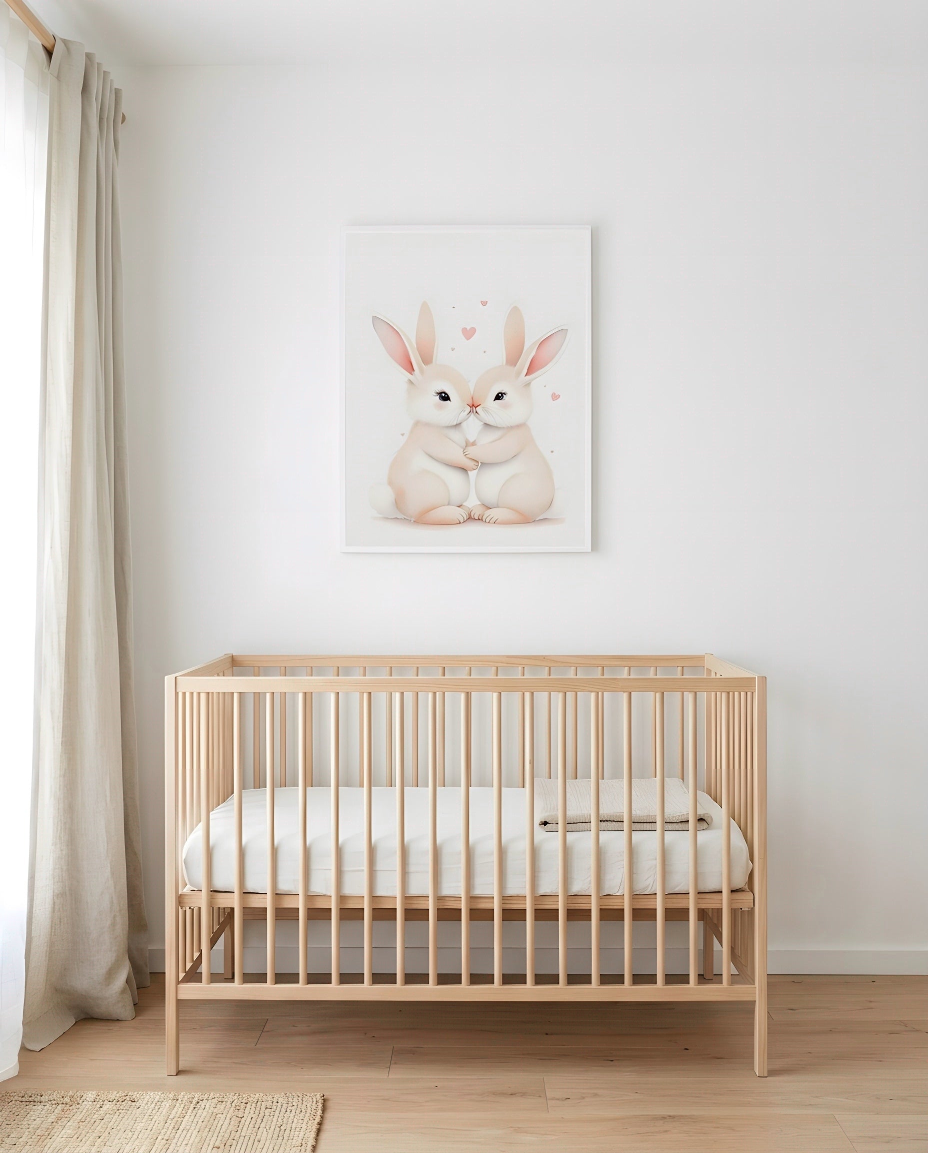 Nursery Sibling Bunnies Soft Watercolour Minimal Printable Wall Art — framed in white above a crib in a softly lit nursery