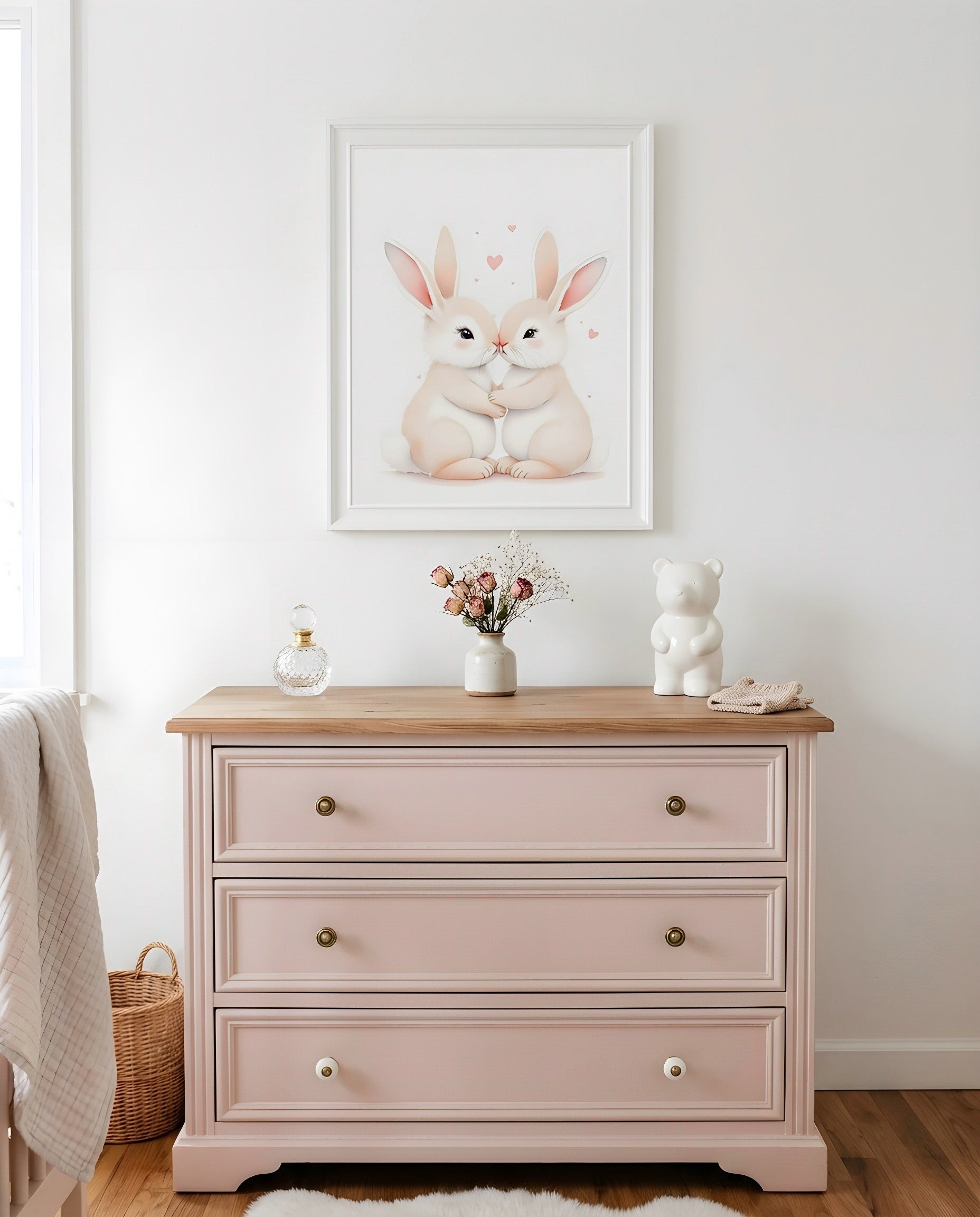 Nursery Sibling Bunnies Soft Watercolour Minimal Printable Wall Art — hung above a nursery dresser on a warm-toned wall