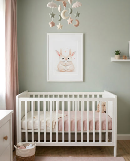 Nursery Sibling Bunnies Soft Watercolour Minimal Printable Wall Art — framed in white above a crib in a softly lit nursery