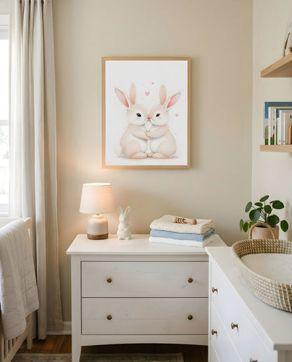 Nursery Sibling Bunnies Soft Watercolour Minimal Printable Wall Art — hung above a nursery dresser on a warm-toned wall
