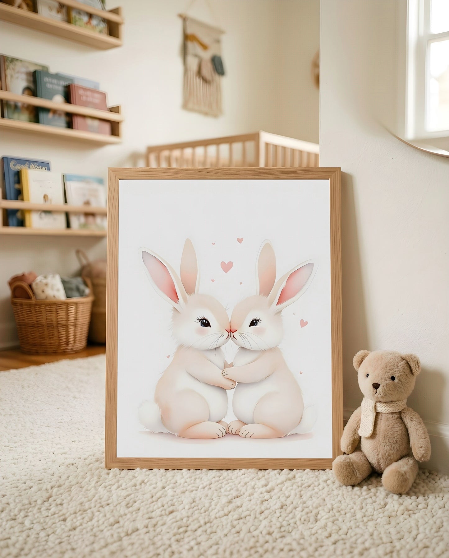 Nursery Sibling Bunnies Soft Watercolour Minimal Printable Wall Art — leaning against a wall in a minimal clean setting