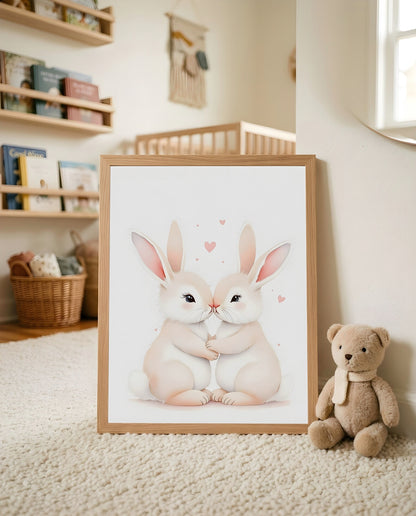 Nursery Sibling Bunnies Soft Watercolour Minimal Printable Wall Art — leaning against a wall in a minimal clean setting