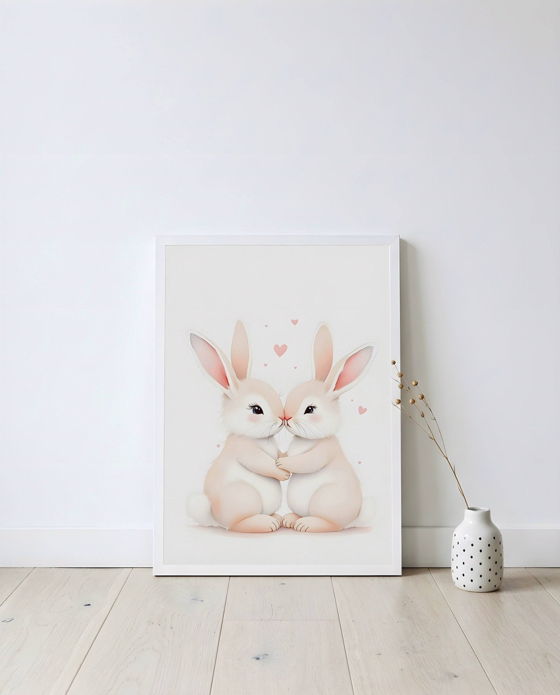 Nursery Sibling Bunnies Soft Watercolour Minimal Printable Wall Art — displayed in a styled home setting