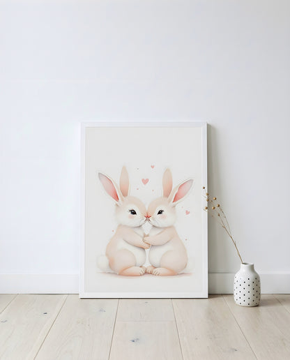 Nursery Sibling Bunnies Soft Watercolour Minimal Printable Wall Art — displayed in a styled home setting