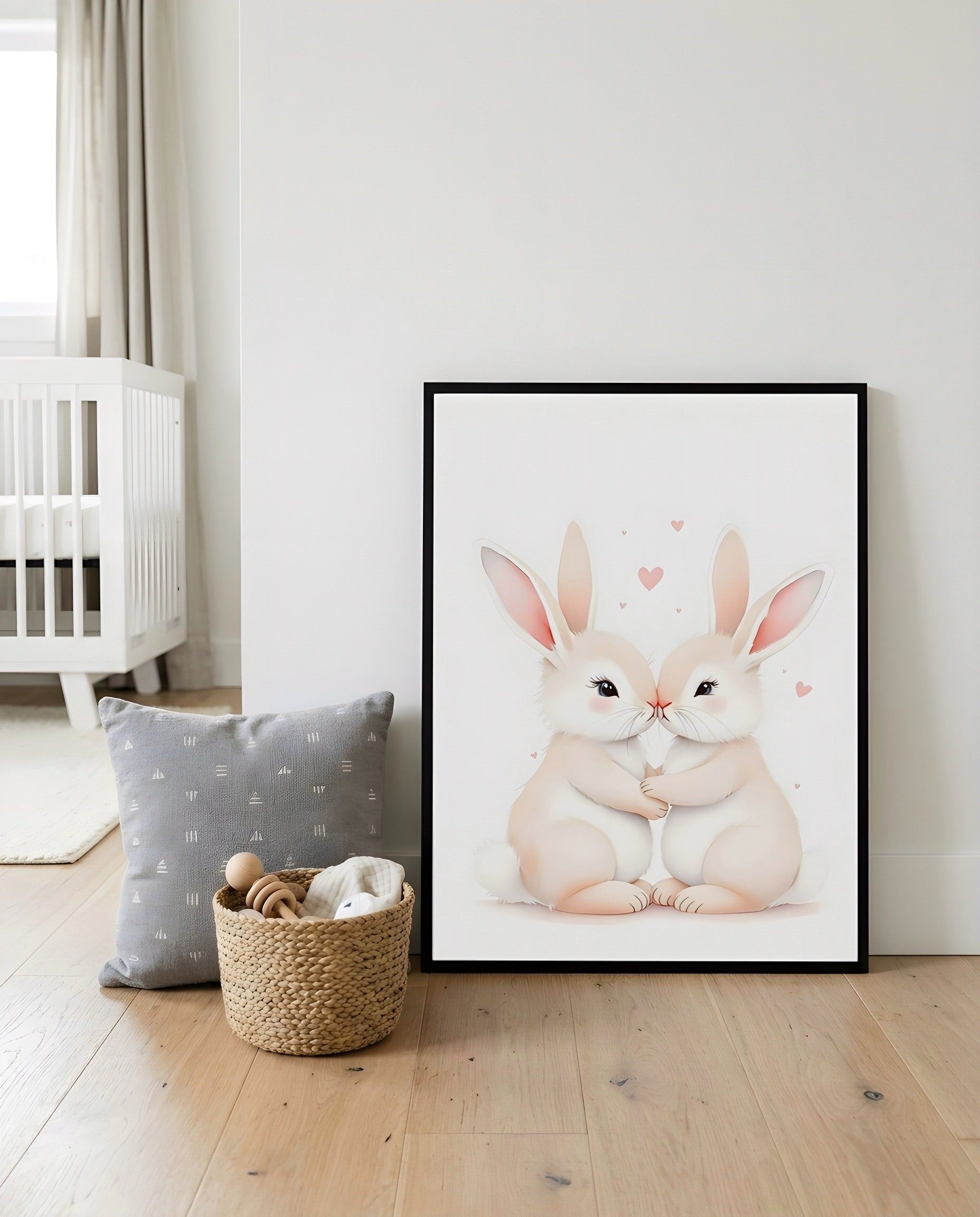 Nursery Sibling Bunnies Soft Watercolour Minimal Printable Wall Art — displayed in a styled home setting