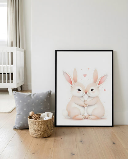 Nursery Sibling Bunnies Soft Watercolour Minimal Printable Wall Art — displayed in a styled home setting