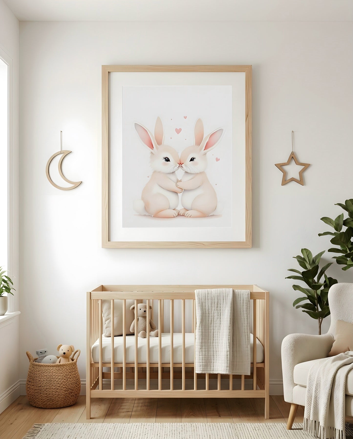 Nursery Sibling Bunnies Soft Watercolour Minimal Printable Wall Art — as part of a gallery wall arrangement