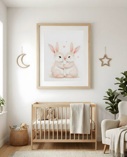 Nursery Sibling Bunnies Soft Watercolour Minimal Printable Wall Art — as part of a gallery wall arrangement