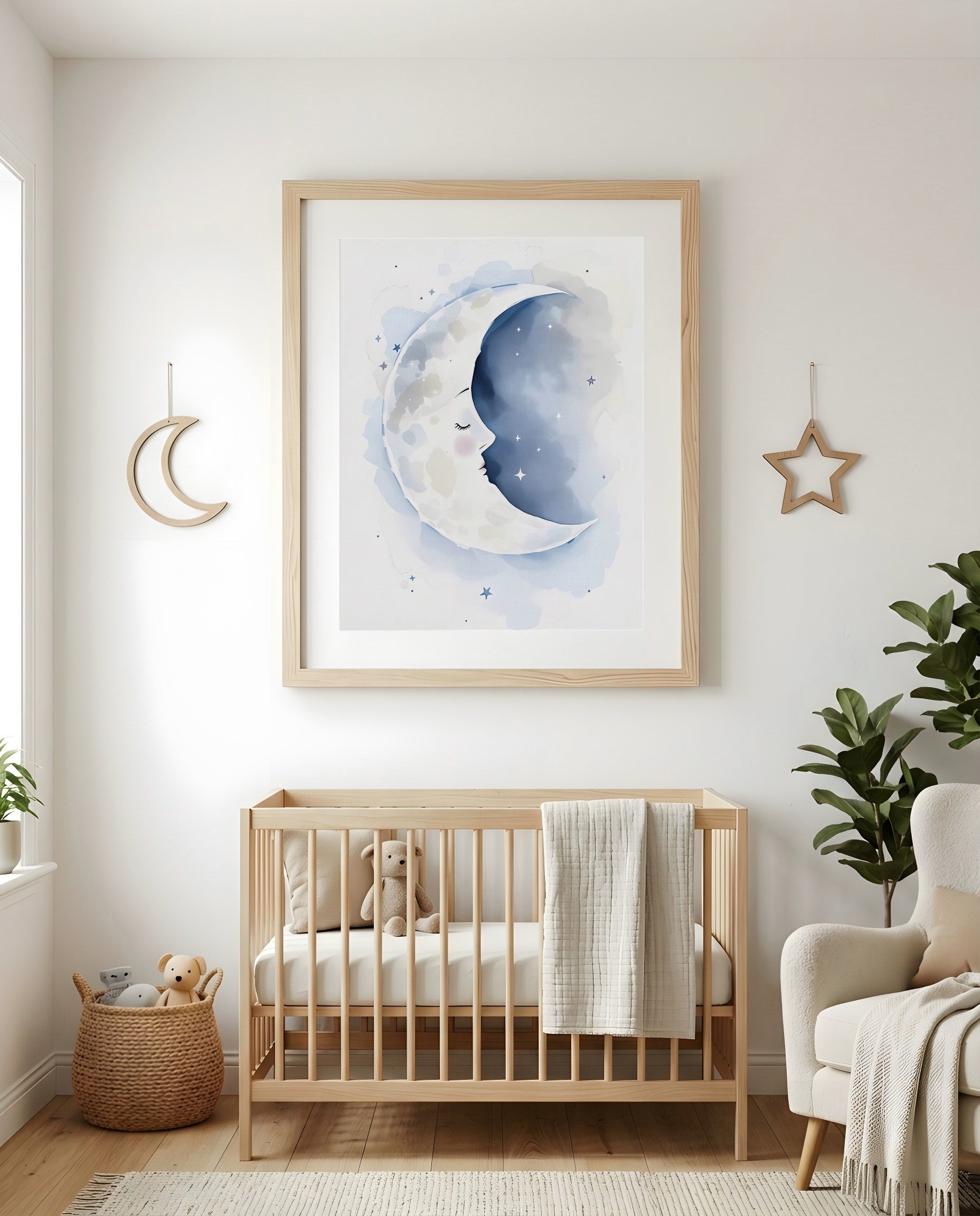 Nursery Sleeping Moon Soft Watercolor Minimal Printable Wall Art — as part of a gallery wall arrangement