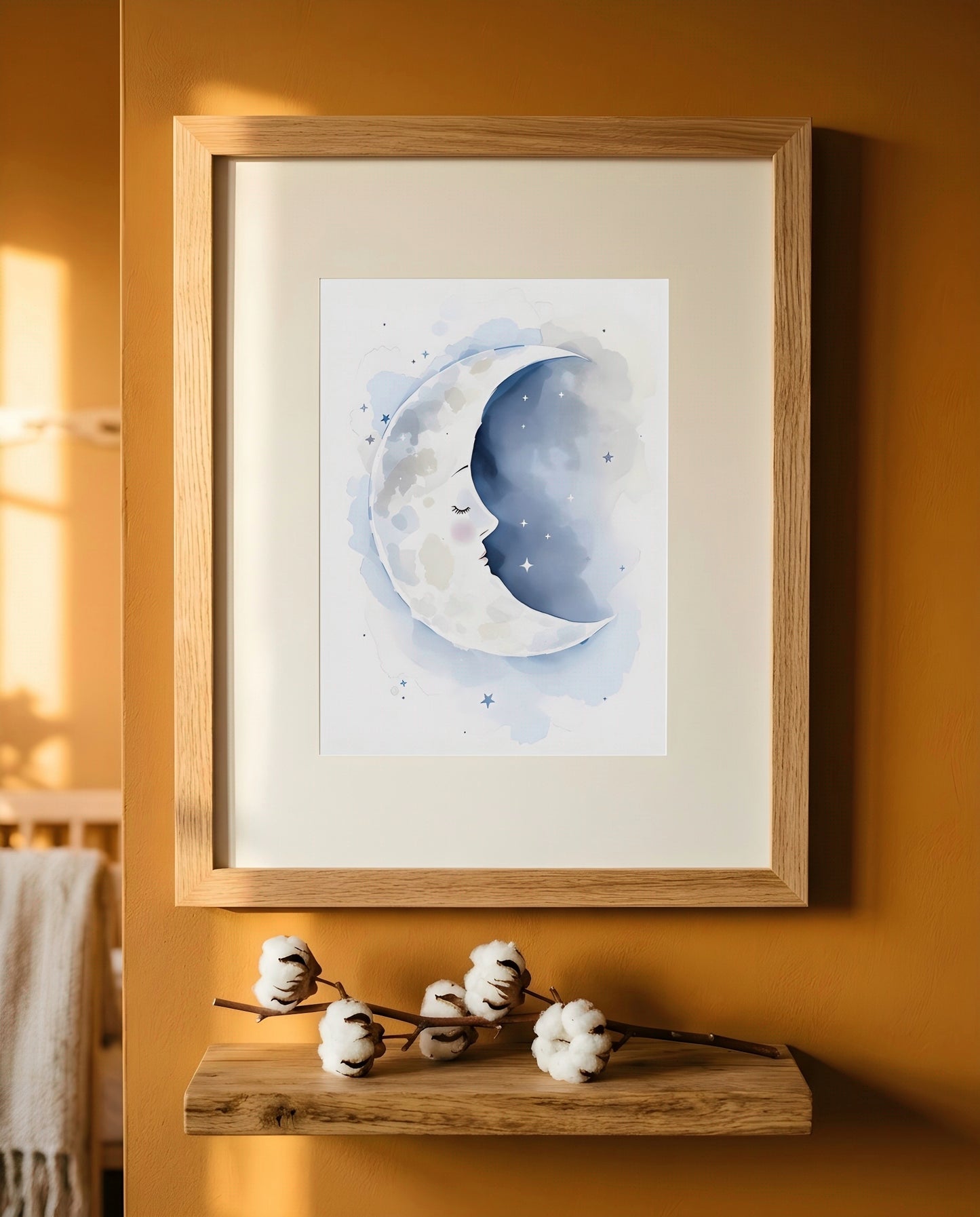 Nursery Sleeping Moon Soft Watercolor Minimal Printable Wall Art — close-up on a nursery shelf alongside small ornaments