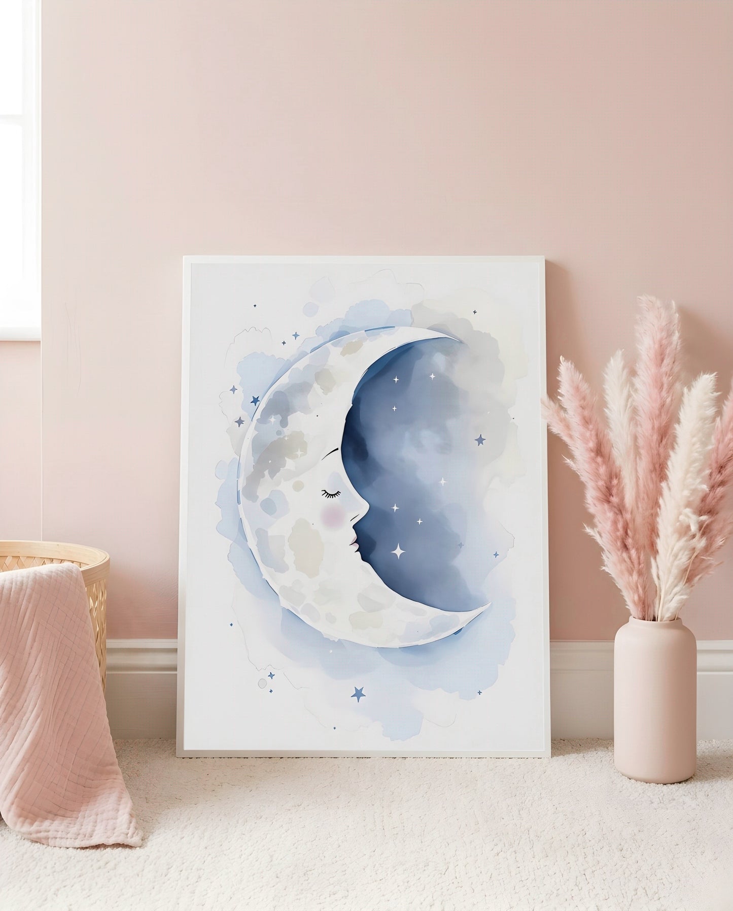 Nursery Sleeping Moon Soft Watercolor Minimal Printable Wall Art — leaning against a light wall in a nursery setting