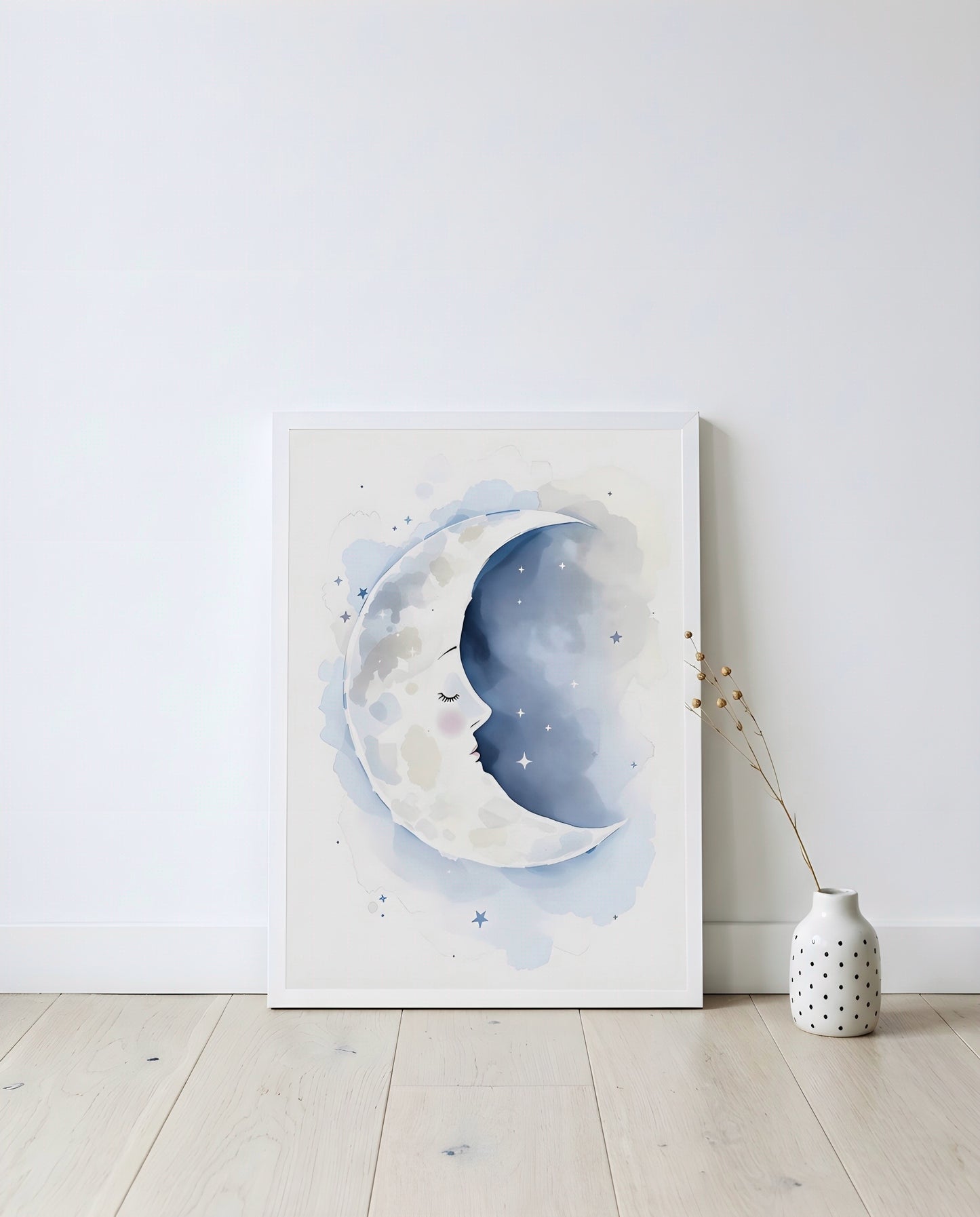Nursery Sleeping Moon Soft Watercolor Minimal Printable Wall Art — displayed in a styled home setting