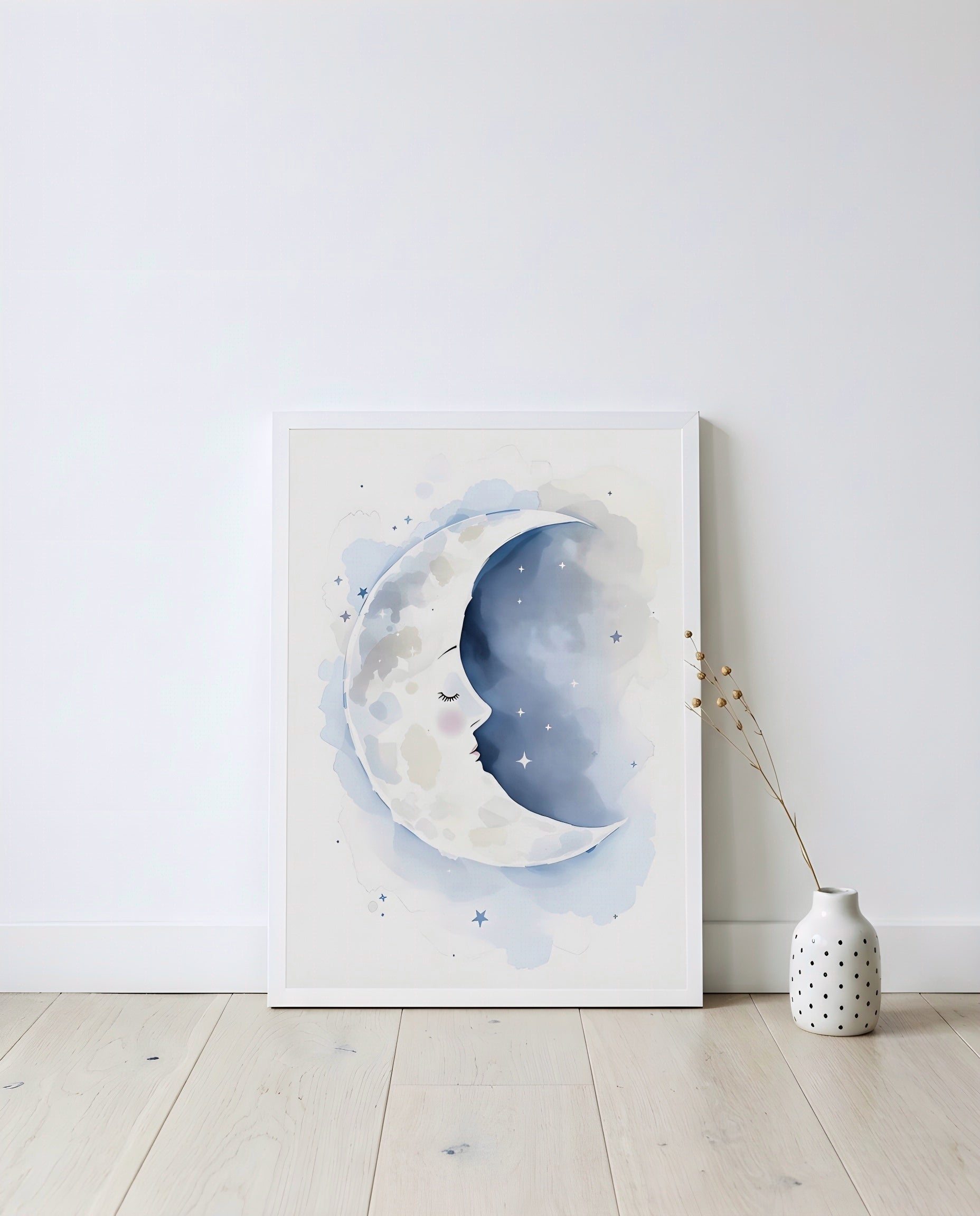Nursery Sleeping Moon Soft Watercolor Minimal Printable Wall Art — displayed in a styled home setting