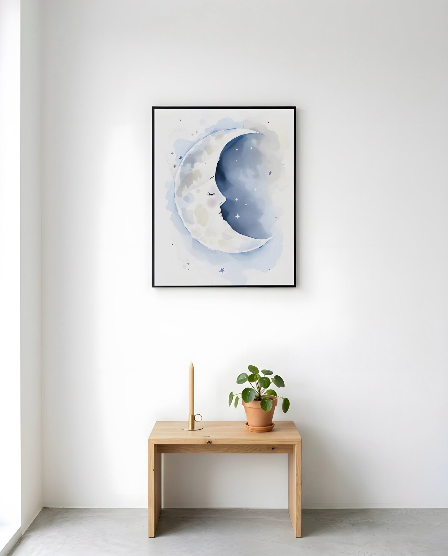 Nursery Sleeping Moon Soft Watercolor Minimal Printable Wall Art — displayed in a styled nursery room corner