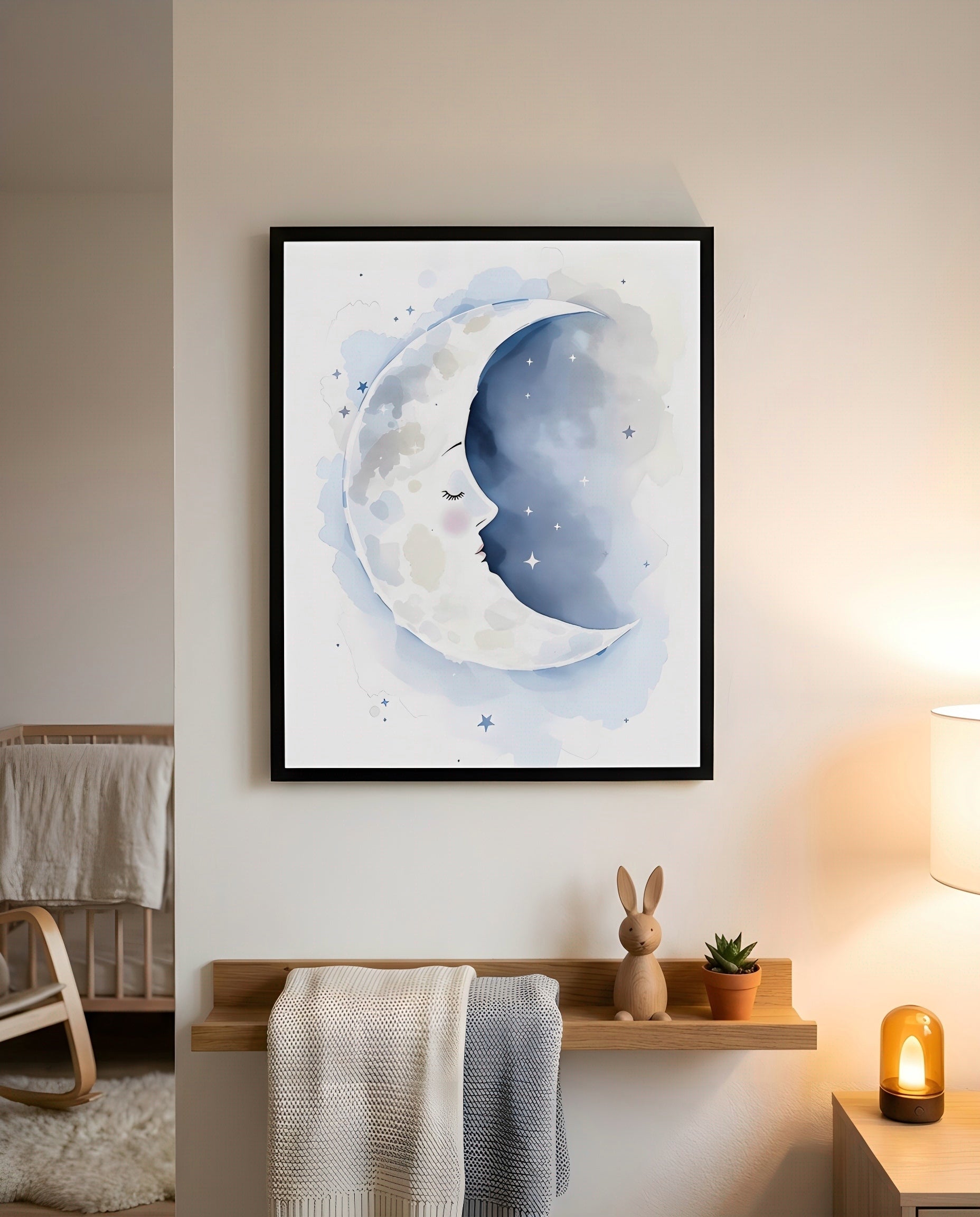 Nursery Sleeping Moon Soft Watercolor Minimal Printable Wall Art — displayed in a styled home setting