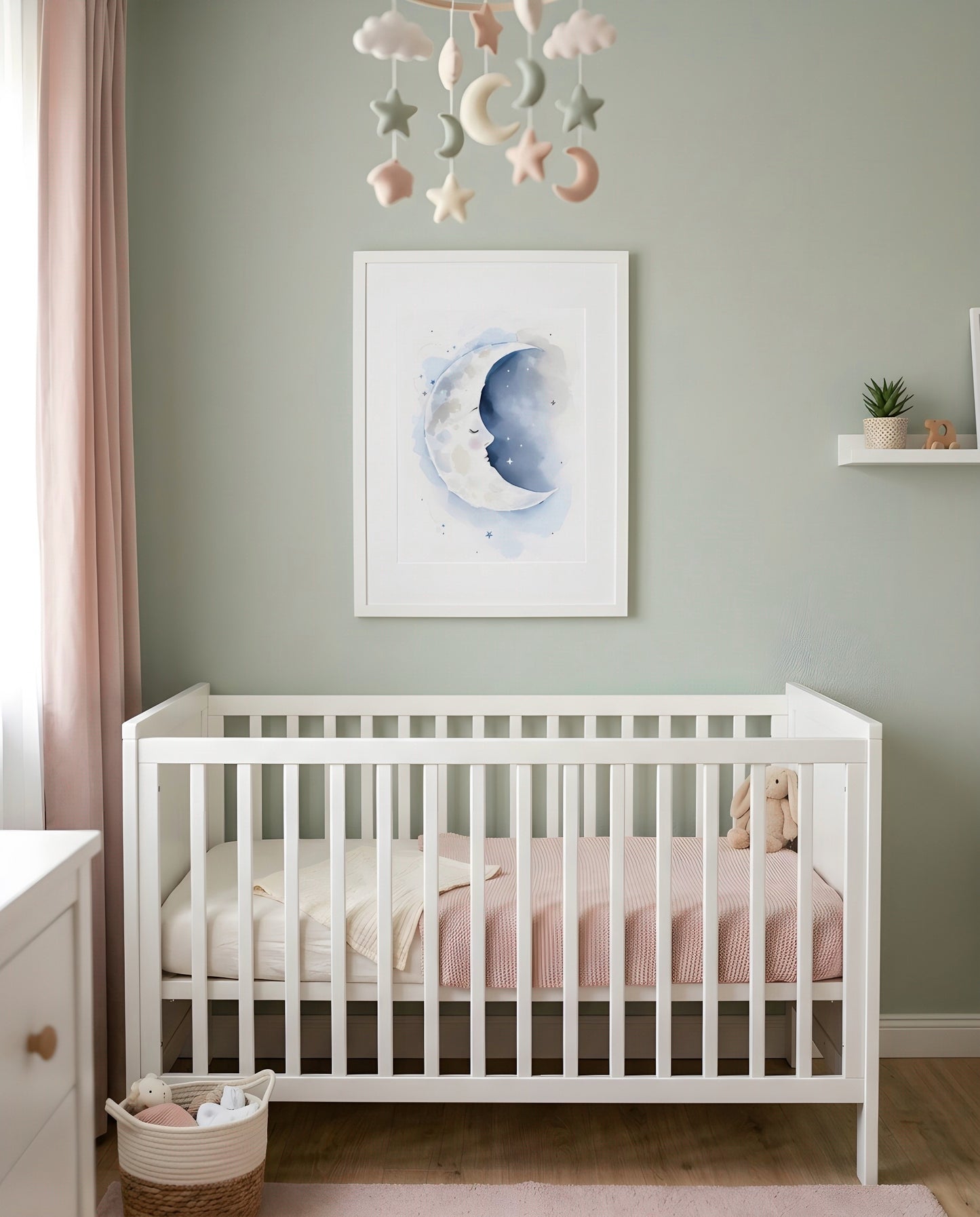 Nursery Sleeping Moon Soft Watercolor Minimal Printable Wall Art — framed in white above a crib in a softly lit nursery