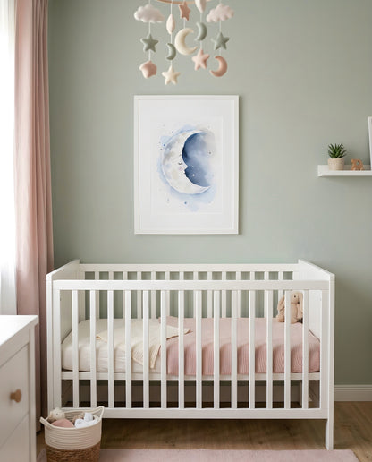 Nursery Sleeping Moon Soft Watercolor Minimal Printable Wall Art — framed in white above a crib in a softly lit nursery
