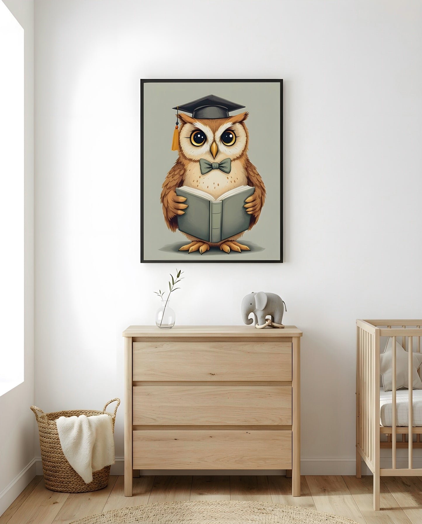 Nursery Teenage Owl Scholar Retro Flat Character Printable Wall Art — framed in white on a neutral nursery wall