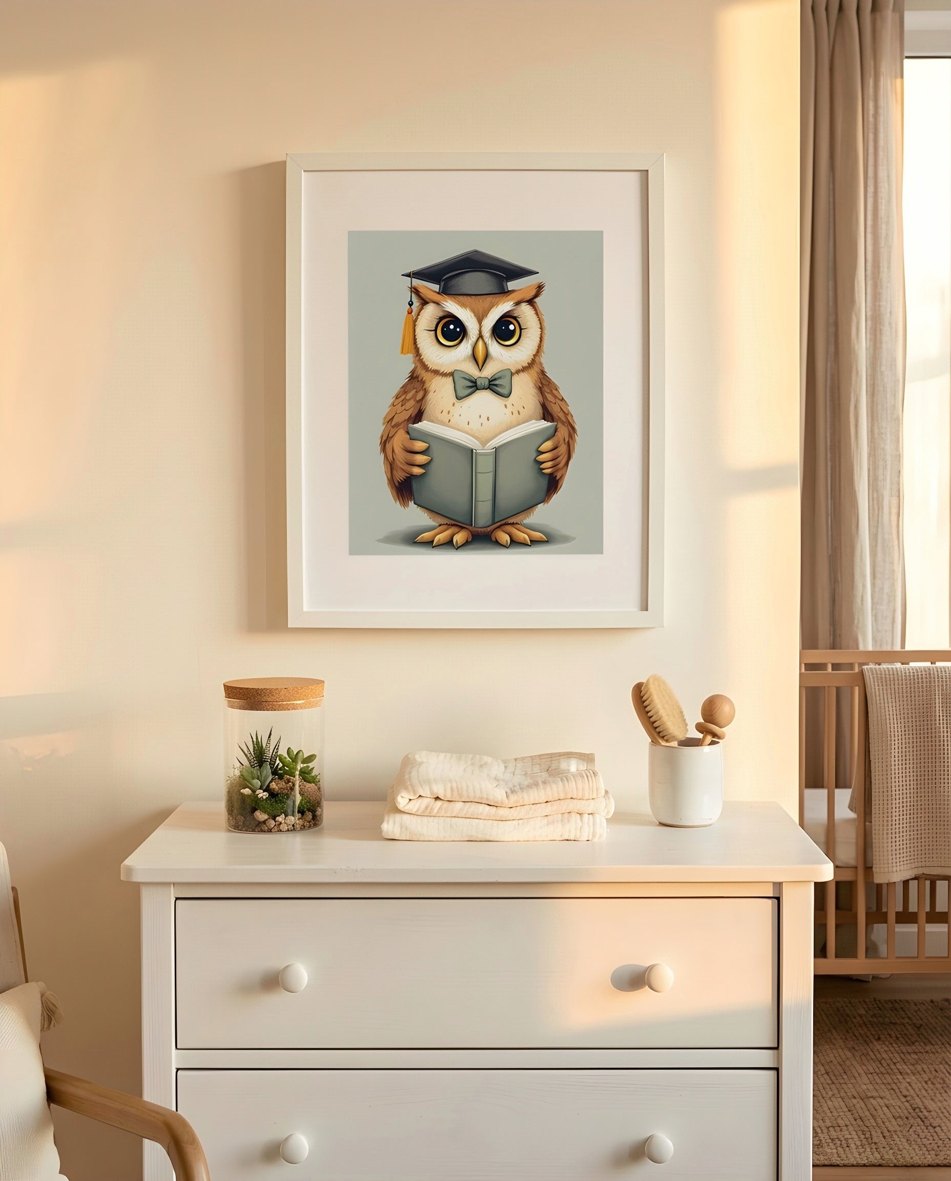 Nursery Teenage Owl Scholar Retro Flat Character Printable Wall Art — hung above a nursery dresser on a warm-toned wall