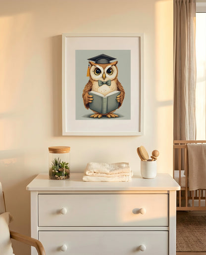 Nursery Teenage Owl Scholar Retro Flat Character Printable Wall Art — hung above a nursery dresser on a warm-toned wall