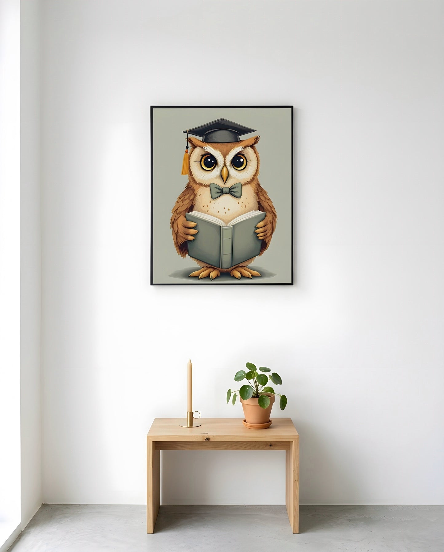 Nursery Teenage Owl Scholar Retro Flat Character Printable Wall Art — displayed in a styled nursery room corner