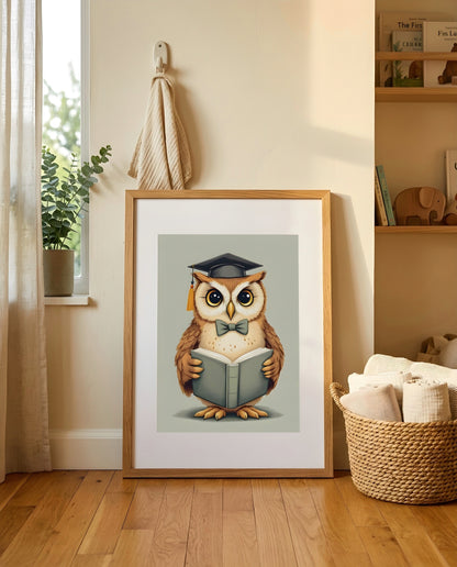 Nursery Teenage Owl Scholar Retro Flat Character Printable Wall Art — leaning against a light wall in a nursery setting