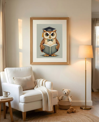 Nursery Teenage Owl Scholar Retro Flat Character Printable Wall Art — displayed in a styled nursery room corner