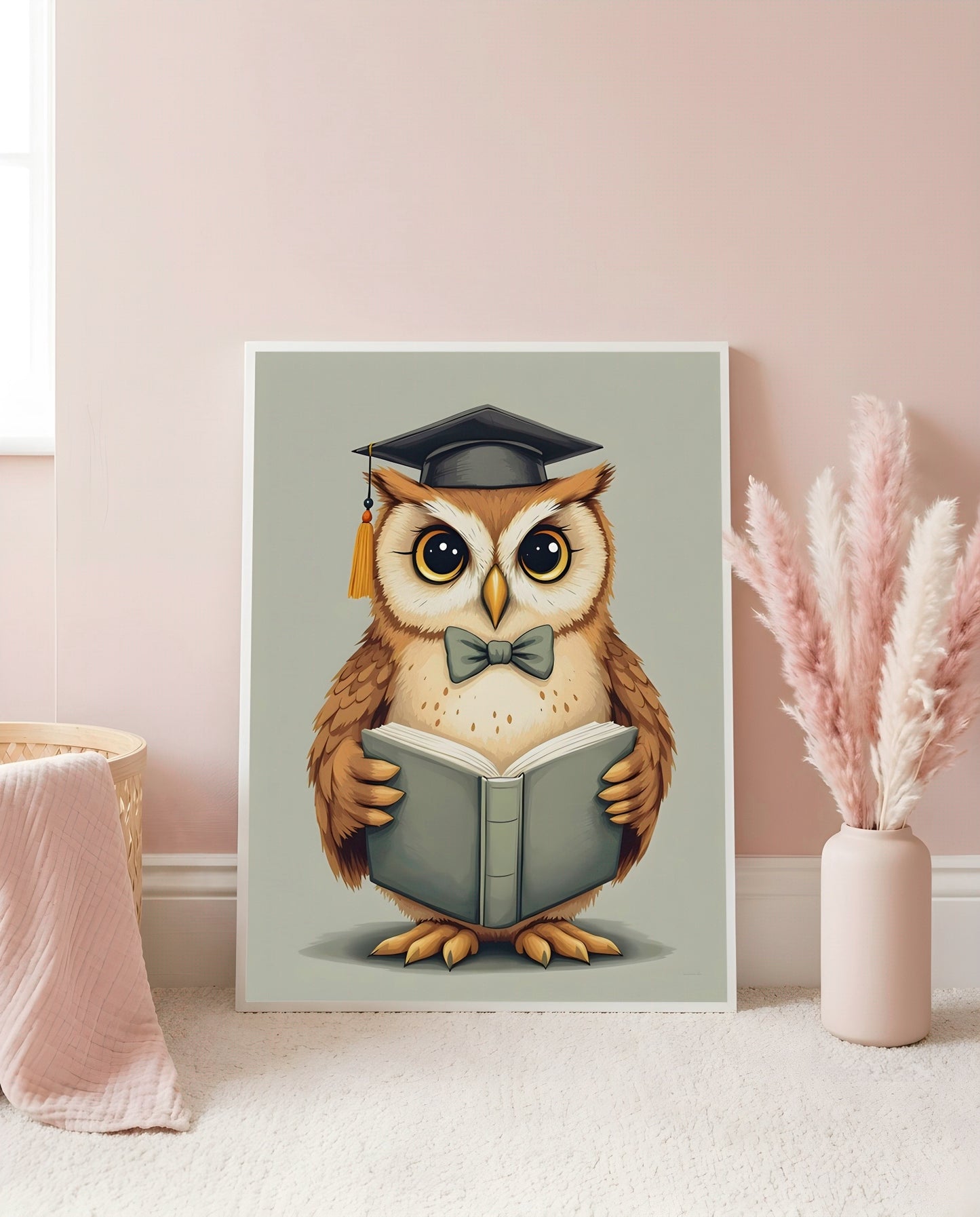 Nursery Teenage Owl Scholar Retro Flat Character Printable Wall Art — leaning against a light wall in a nursery setting
