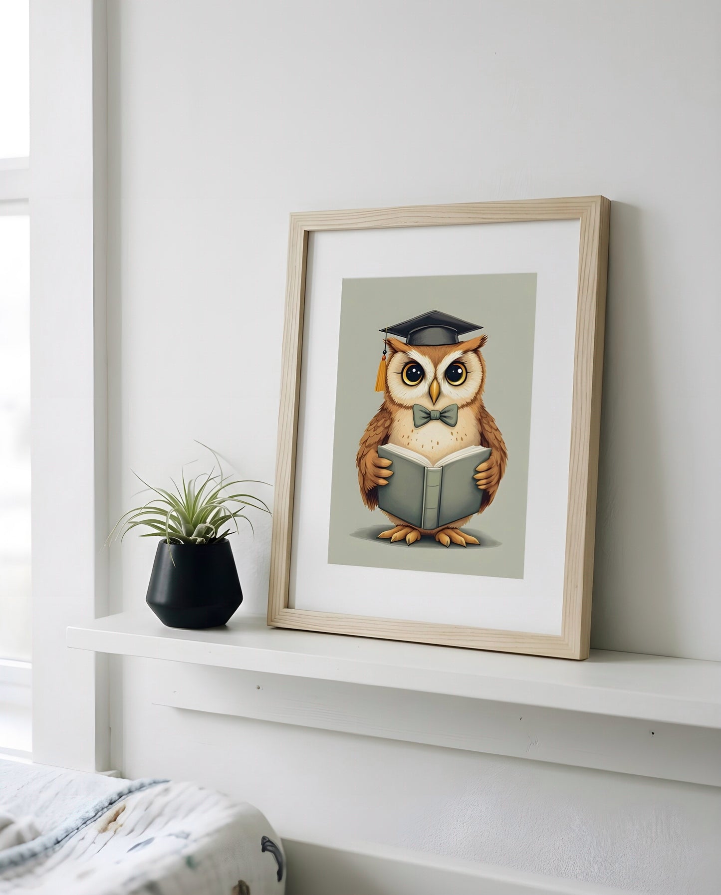 Nursery Teenage Owl Scholar Retro Flat Character Printable Wall Art — propped on a wooden nursery shelf with decor