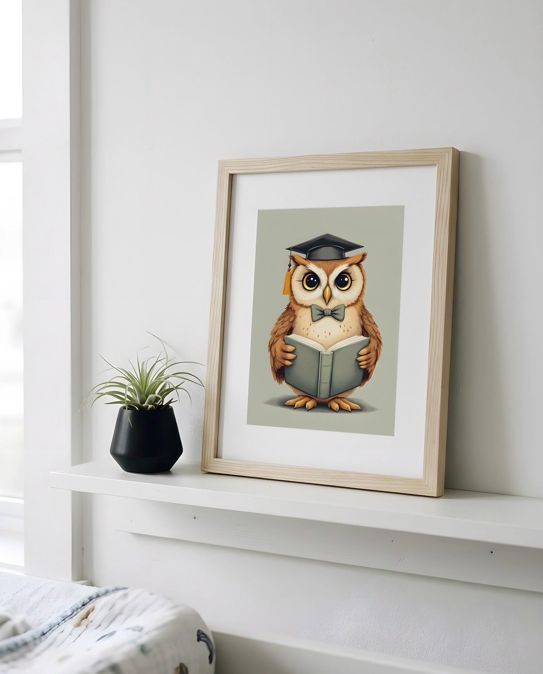 Nursery Teenage Owl Scholar Retro Flat Character Printable Wall Art — propped on a wooden nursery shelf with decor