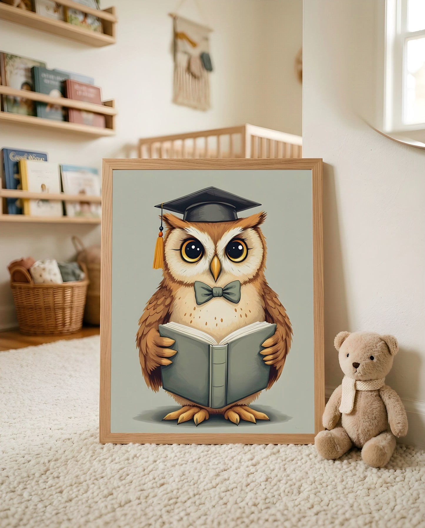 Nursery Teenage Owl Scholar Retro Flat Character Printable Wall Art — leaning against a wall in a minimal clean setting