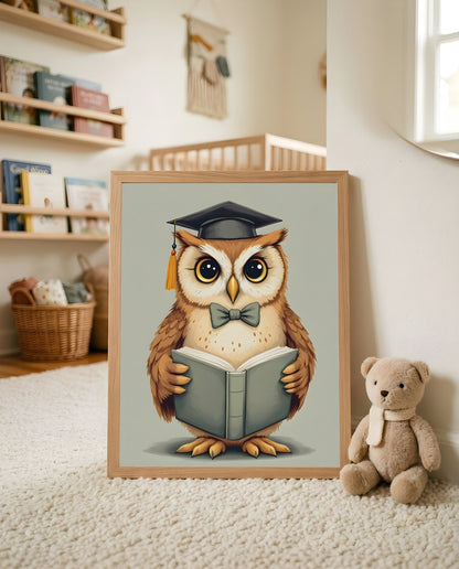 Nursery Teenage Owl Scholar Retro Flat Character Printable Wall Art — leaning against a wall in a minimal clean setting