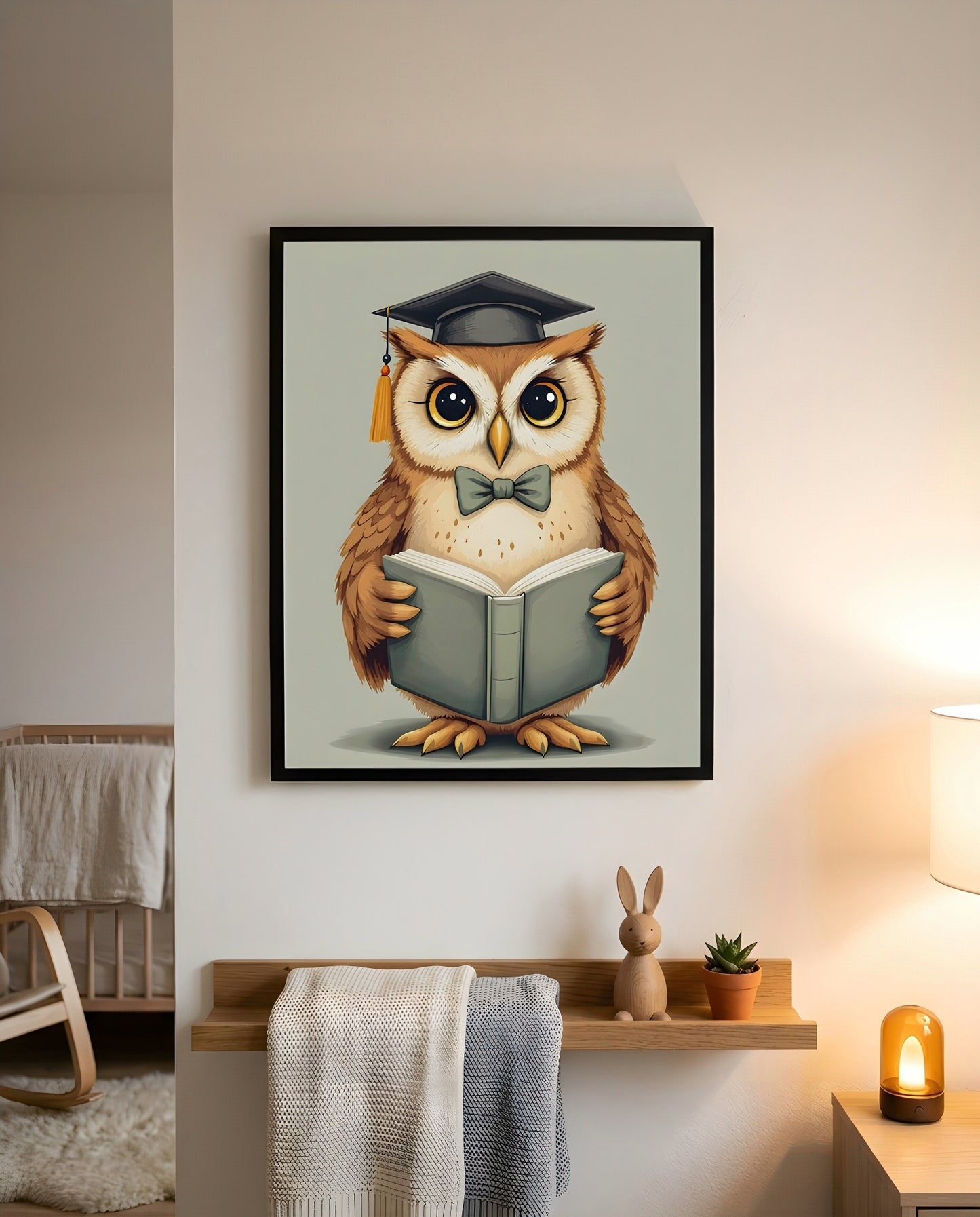 Nursery Teenage Owl Scholar Retro Flat Character Printable Wall Art — displayed in a styled home setting