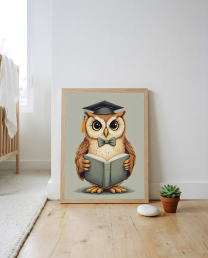 Nursery Teenage Owl Scholar Retro Flat Character Printable Wall Art — leaning against a wall in a styled setting