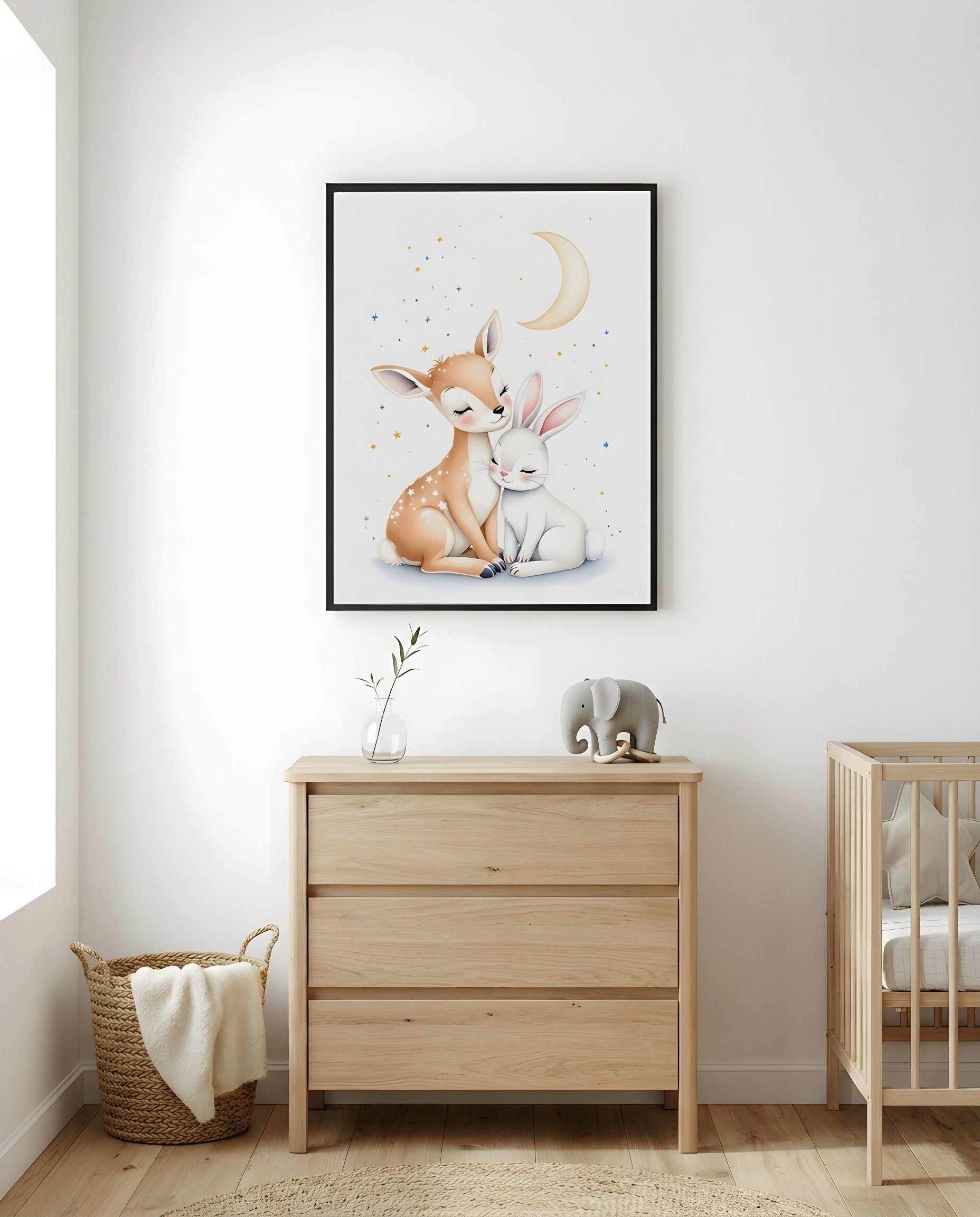 Nursery Woodland Deer Bunny Soft Watercolor Minimal Printable Wall Art — framed in white on a neutral nursery wall