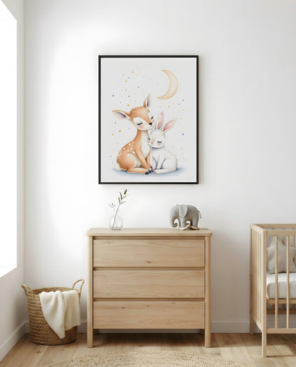 Nursery Woodland Deer Bunny Soft Watercolor Minimal Printable Wall Art — framed in white on a neutral nursery wall