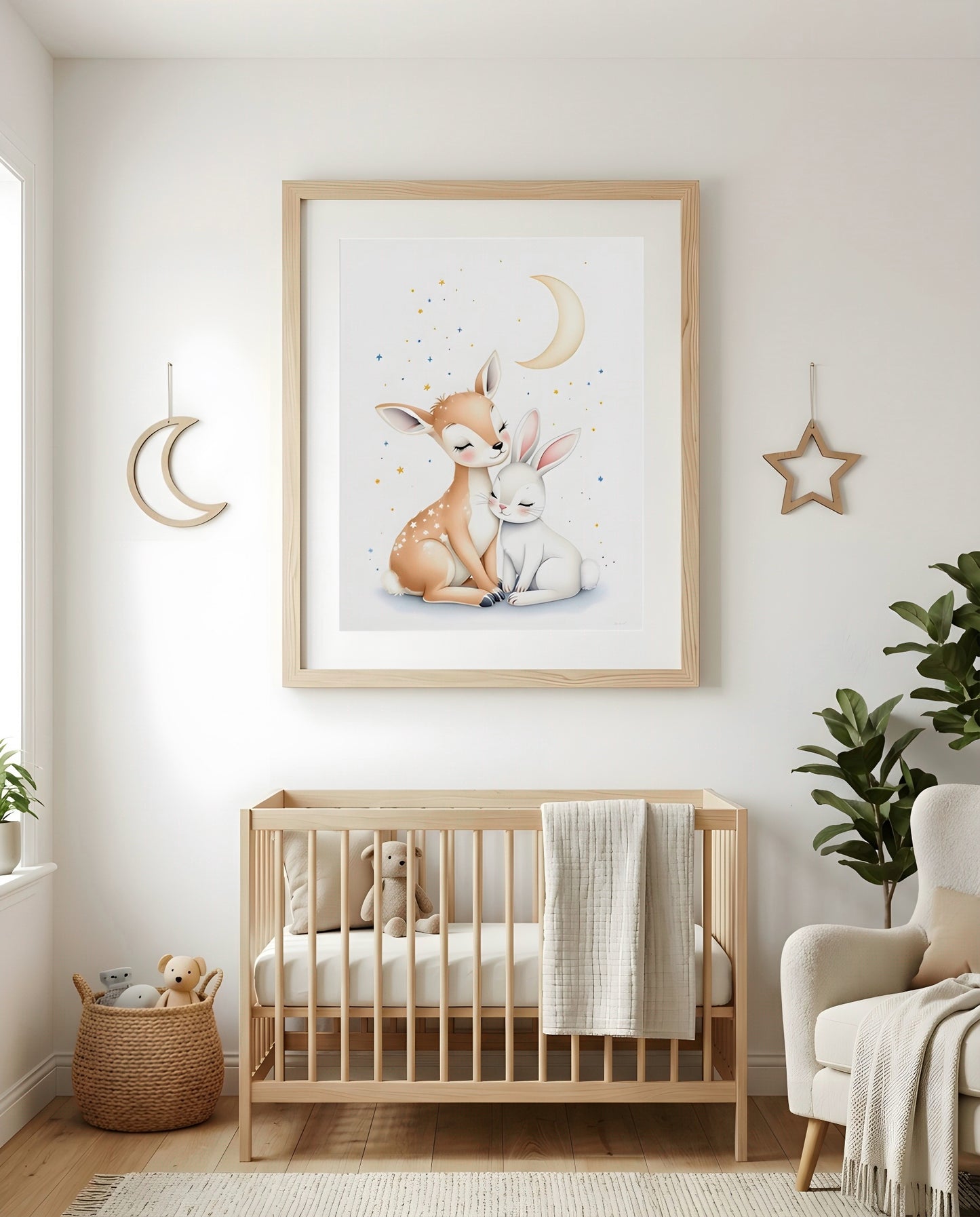 Nursery Woodland Deer Bunny Soft Watercolor Minimal Printable Wall Art — as part of a gallery wall arrangement