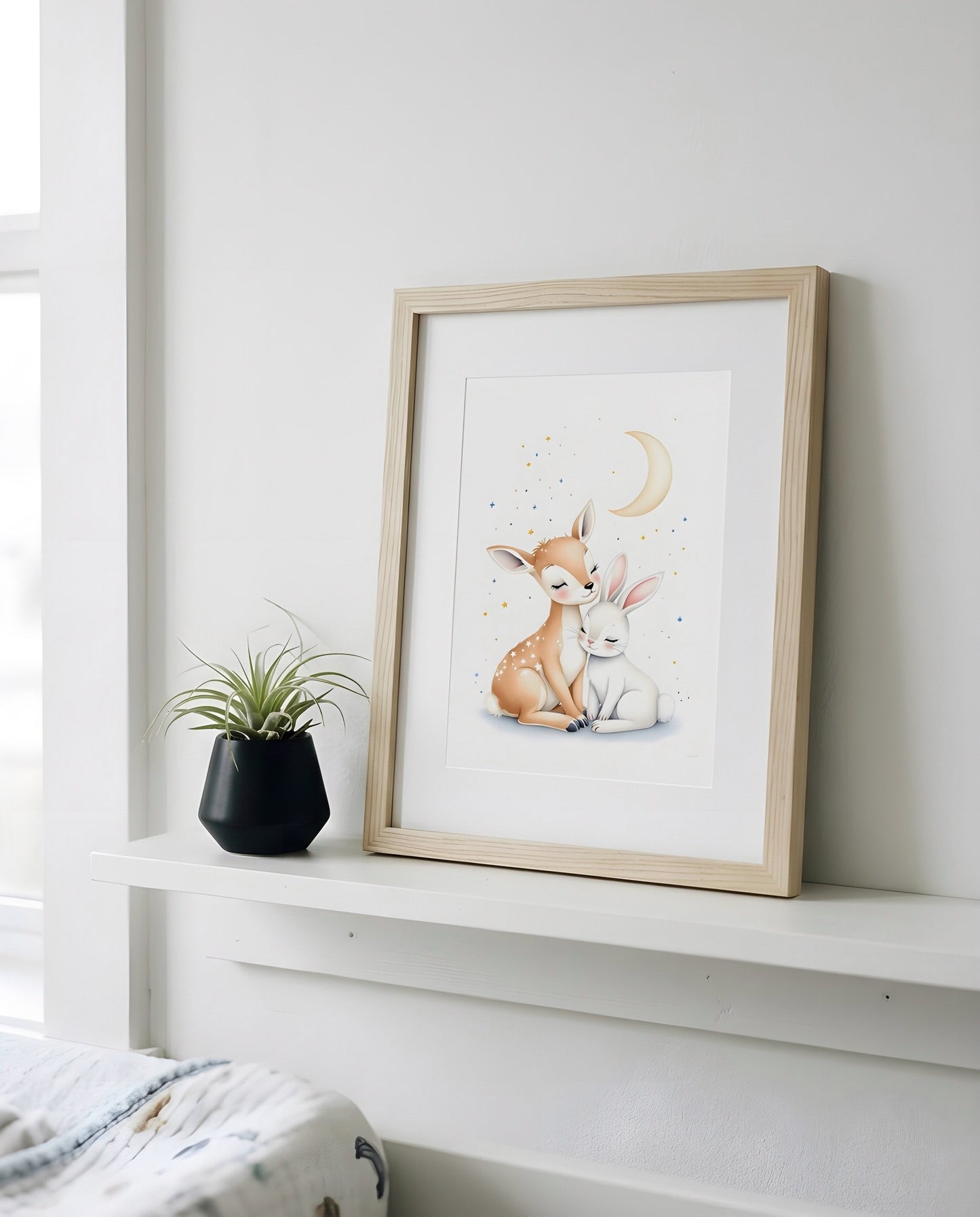 Nursery Woodland Deer Bunny Soft Watercolor Minimal Printable Wall Art — propped on a wooden nursery shelf with decor