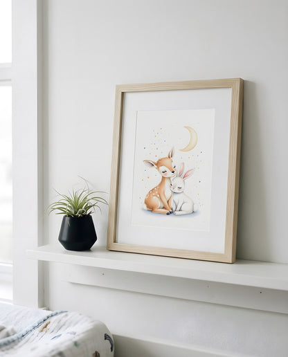 Nursery Woodland Deer Bunny Soft Watercolor Minimal Printable Wall Art — propped on a wooden nursery shelf with decor