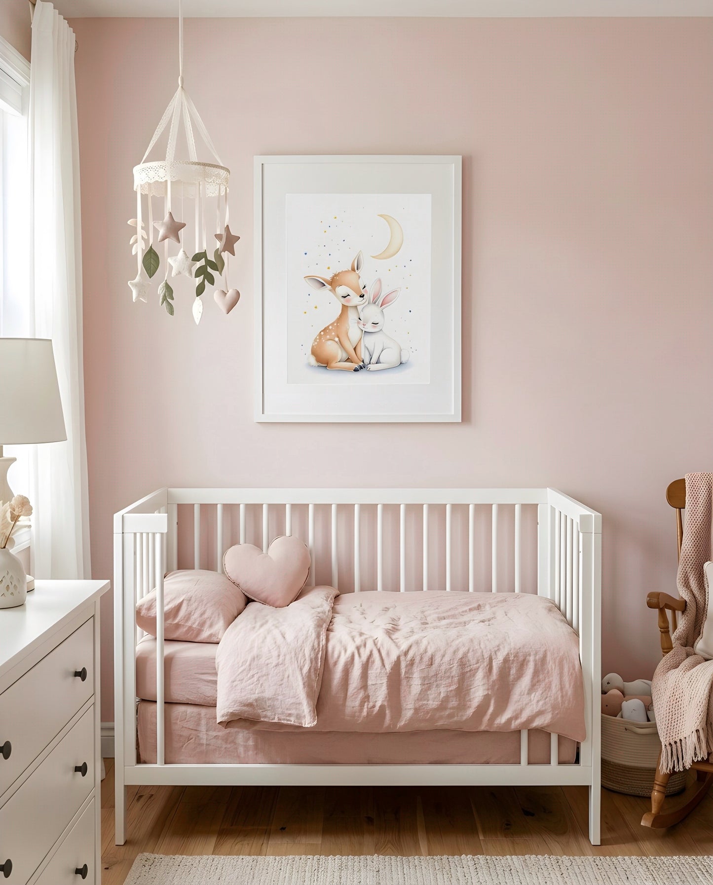 Nursery Woodland Deer Bunny Soft Watercolor Minimal Printable Wall Art — framed in white above a crib in a softly lit nursery