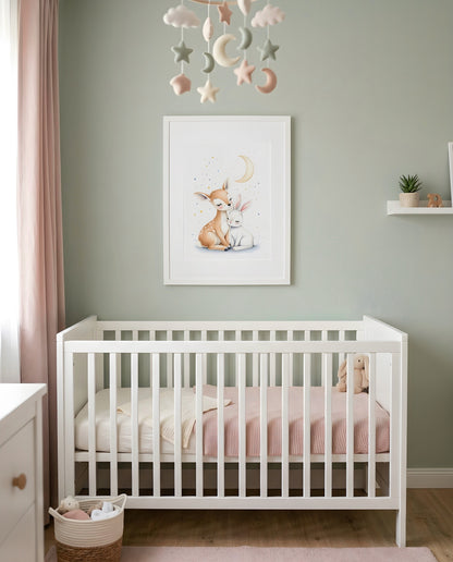 Nursery Woodland Deer Bunny Soft Watercolor Minimal Printable Wall Art — framed in white above a crib in a softly lit nursery