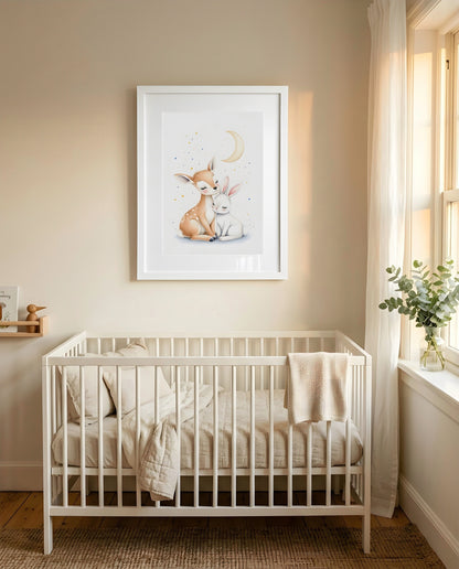 Nursery Woodland Deer Bunny Soft Watercolor Minimal Printable Wall Art — framed in white above a crib in a softly lit nursery